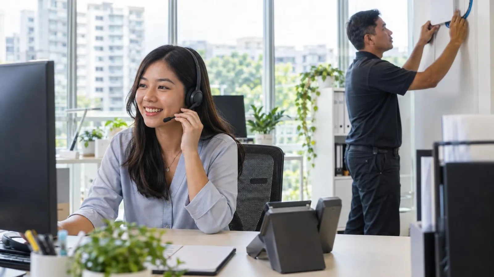 An office worker on a headset at a tidy bright desk beside a modern desk phone while a colleague installs a network device
