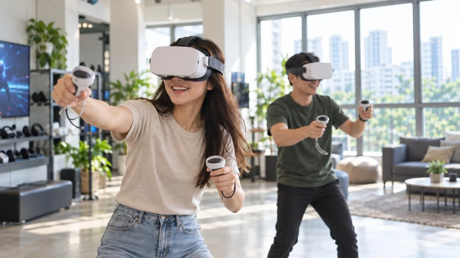 A person wearing a VR headset reaching out mid-game during a free-roam session in a bright Singapore arcade