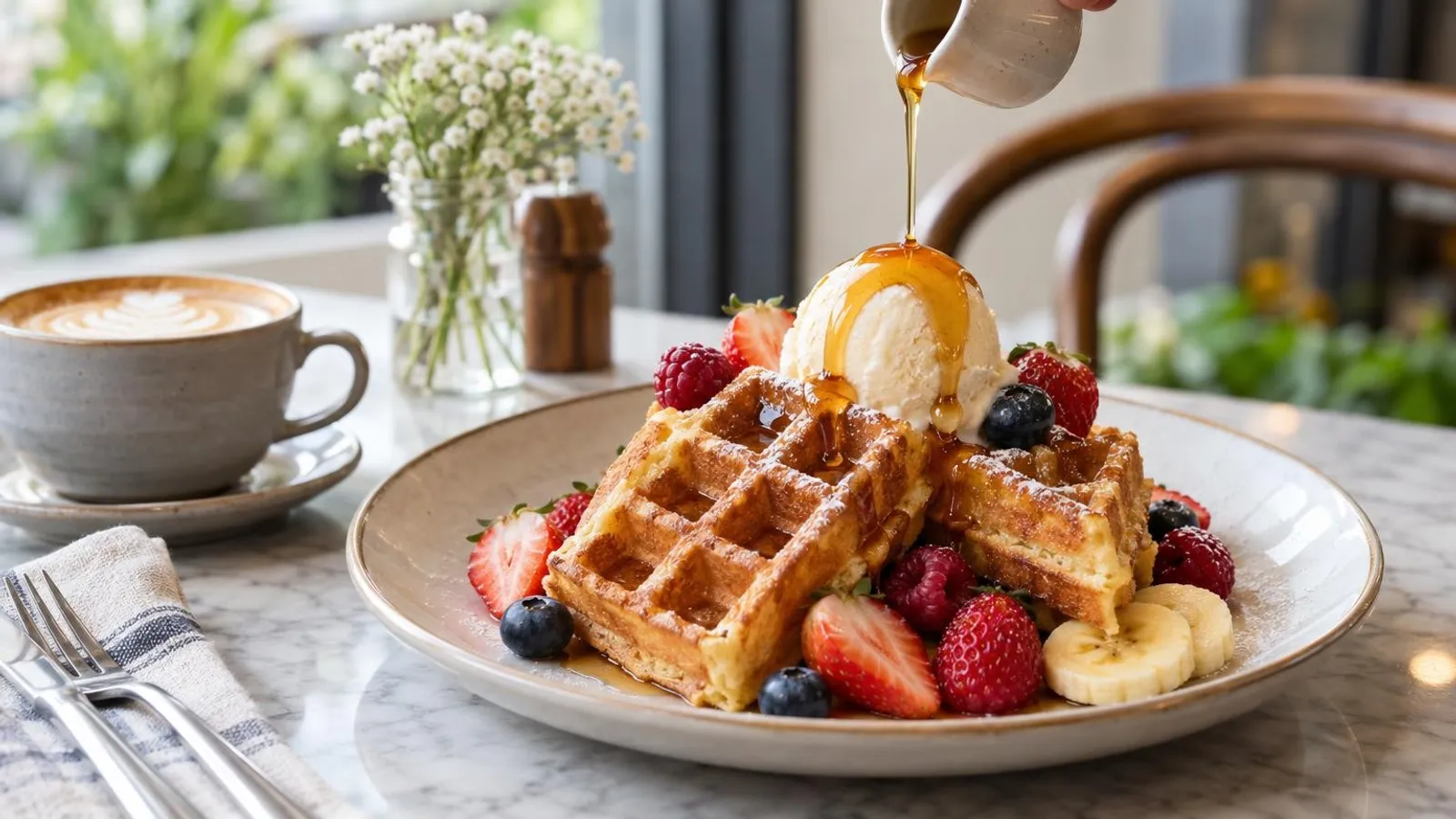 A plate of golden Singapore cafe waffles with a scoop of ice cream, berries and maple syrup
