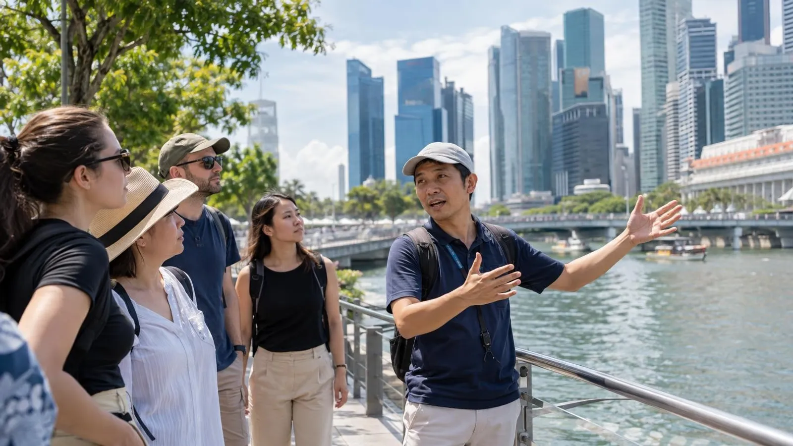A guide leading a walking-tour group along the Singapore River waterfront with the skyline behind