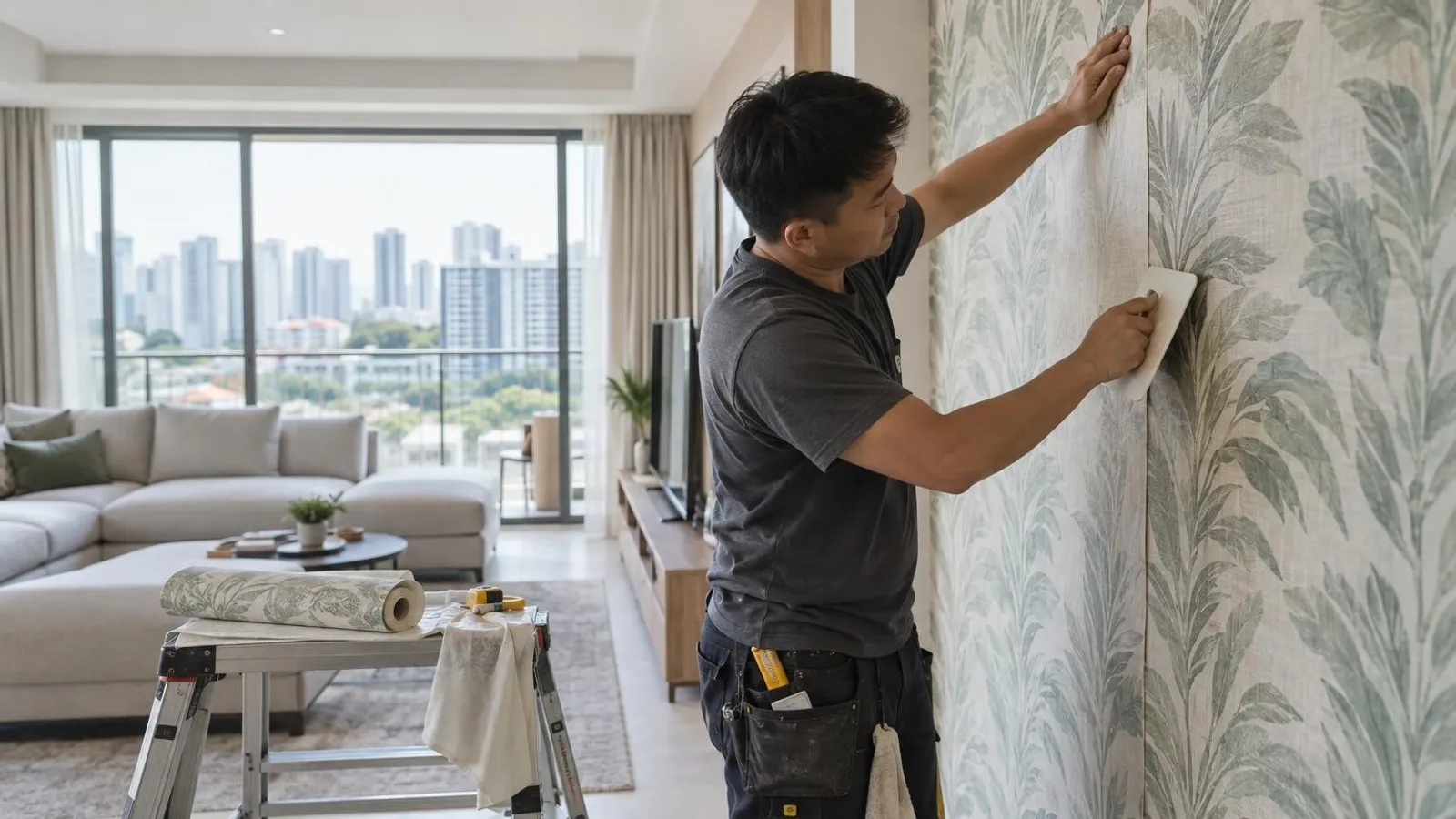 An installer smoothing patterned wallpaper onto a feature wall in a bright Singapore living room