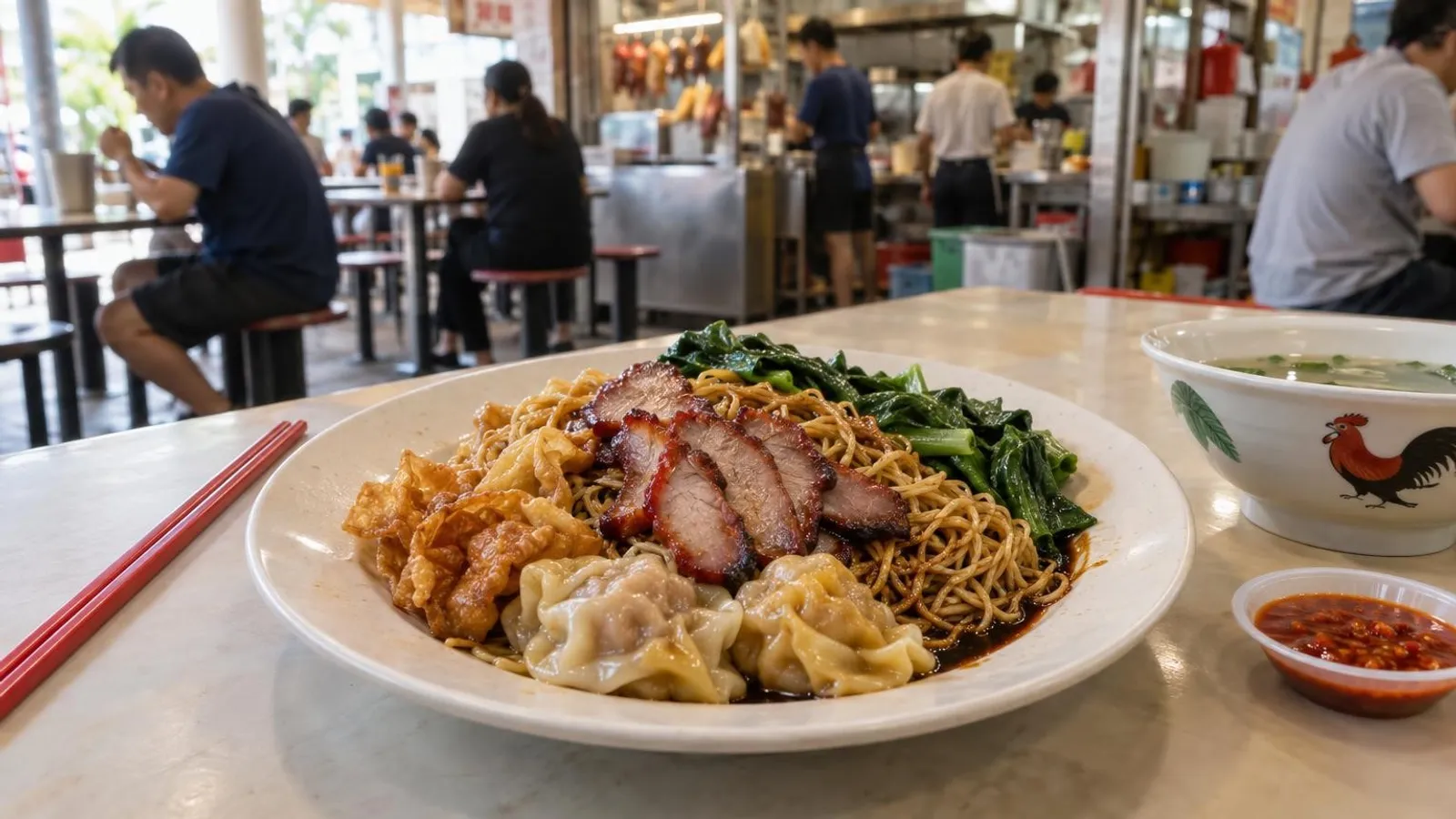 A plate of dry wanton noodles with char siew and wontons at a Singapore hawker stall