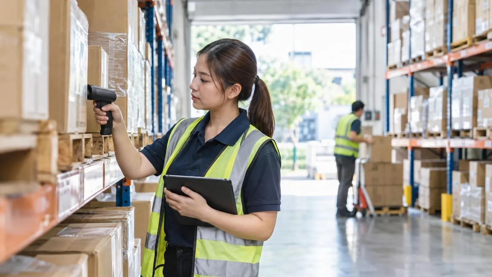 A warehouse supervisor scanning a barcode on a boxed item with a handheld scanner in a bright tidy warehouse aisle
