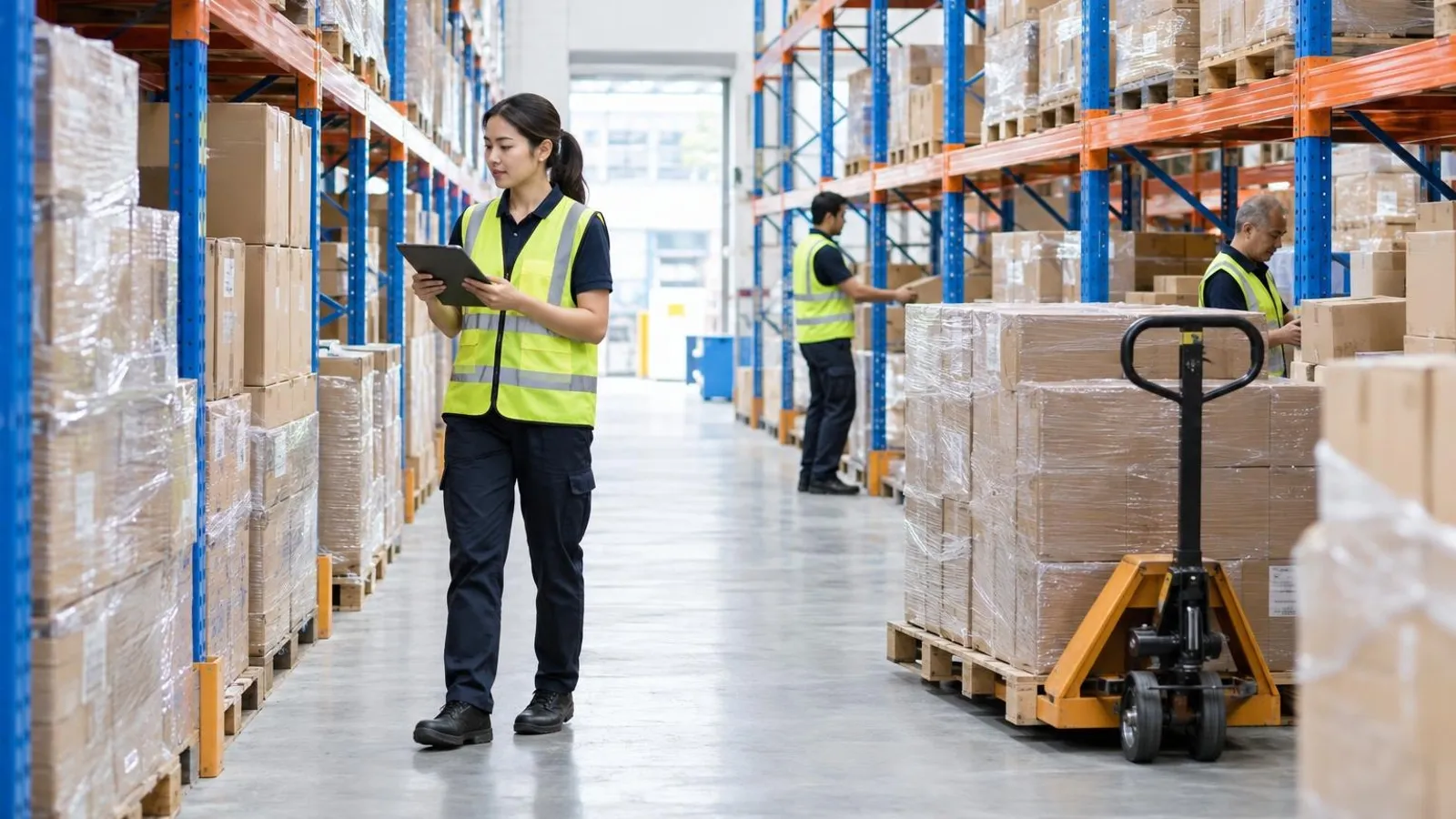 A warehouse with tall pallet racking filled with boxes and a worker with a tablet