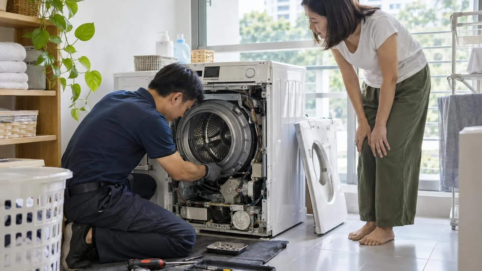 A technician with the front panel removed from a washing machine in a bright tidy home laundry area while a homeowner watches
