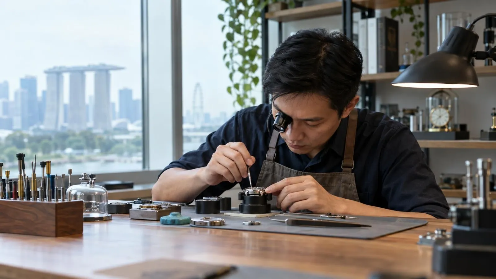 A watchmaker repairing a watch movement with a loupe at a Singapore workbench