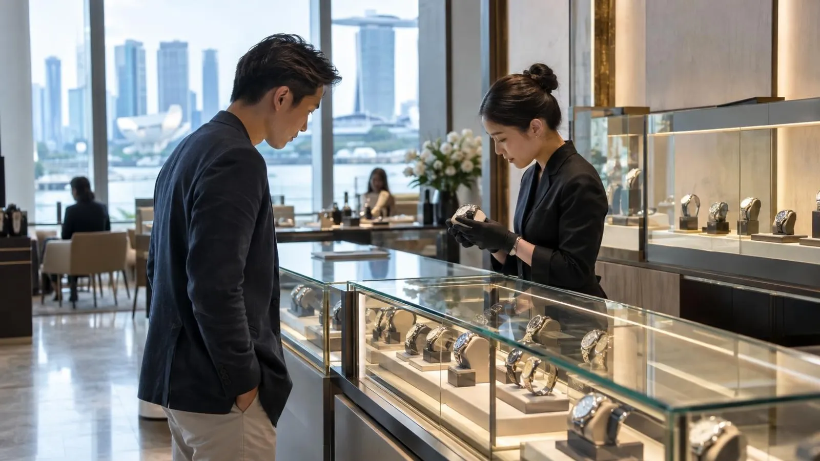 A Singapore watch boutique with wristwatches in illuminated display cases