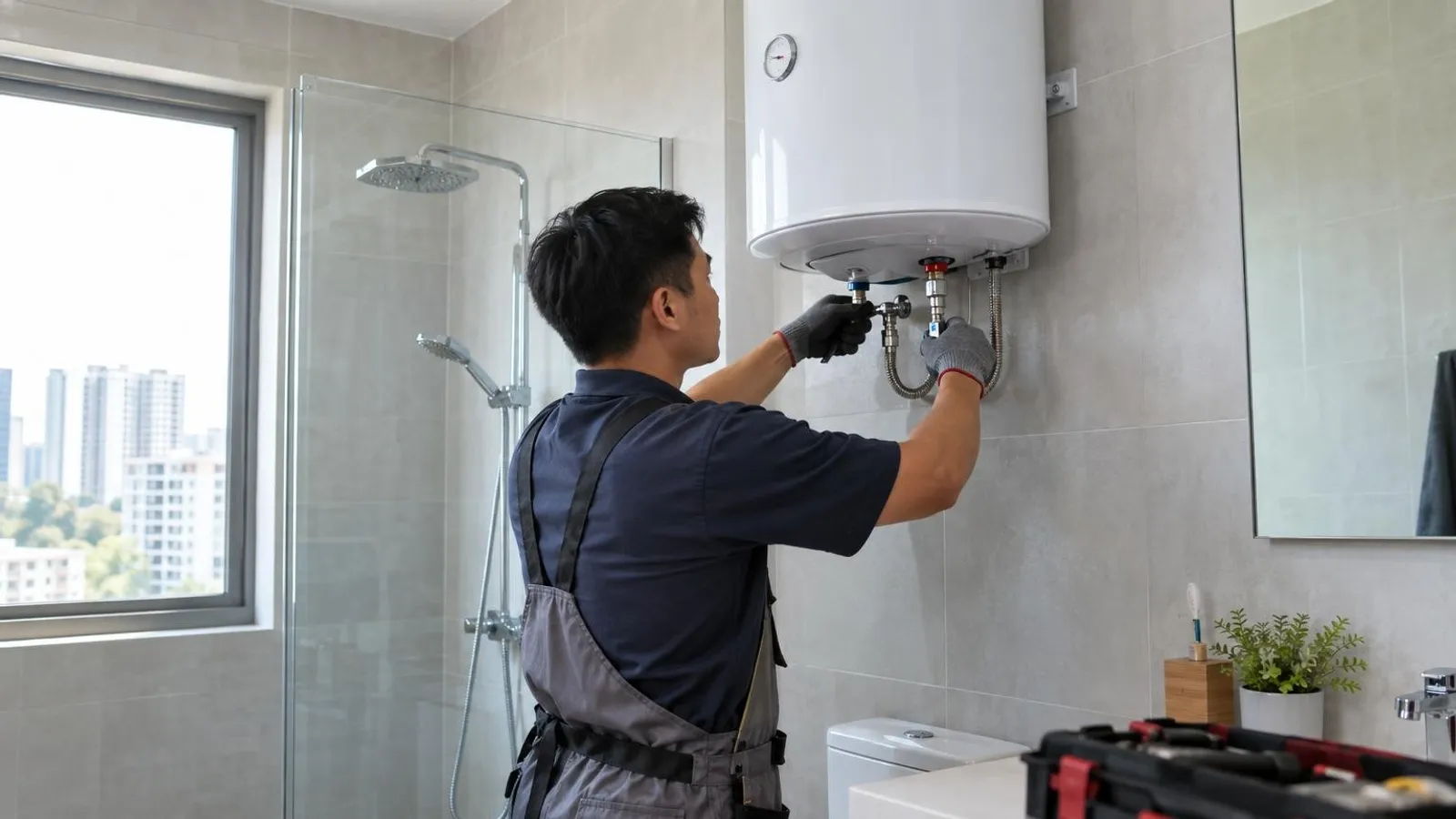 A plumber connecting hoses to a wall-mounted storage water heater in a Singapore bathroom