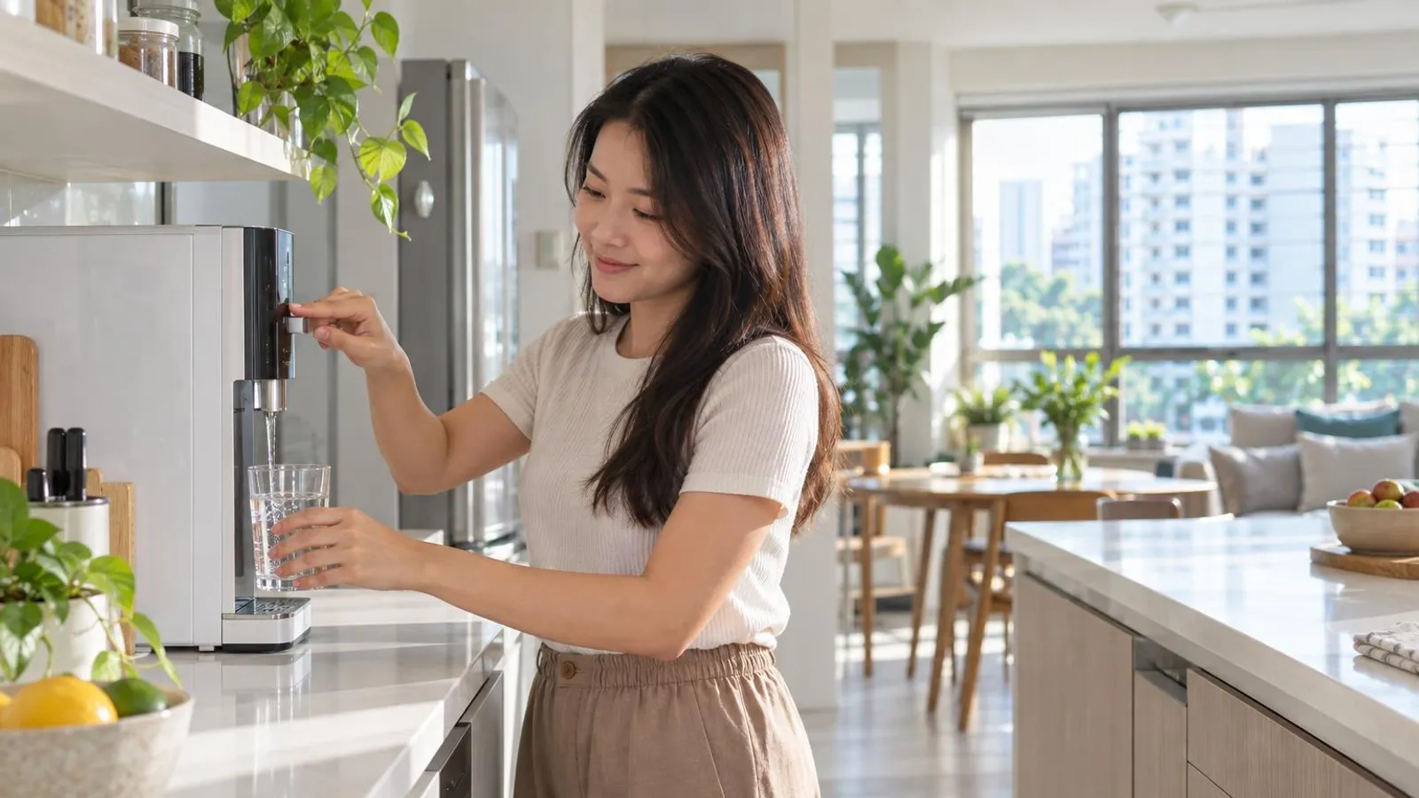 A person filling a glass from a modern countertop water purifier in a bright Singapore kitchen