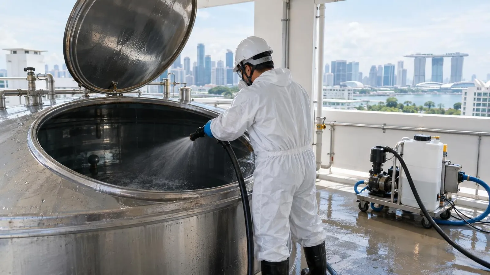 A technician cleaning and disinfecting a large water storage tank in Singapore