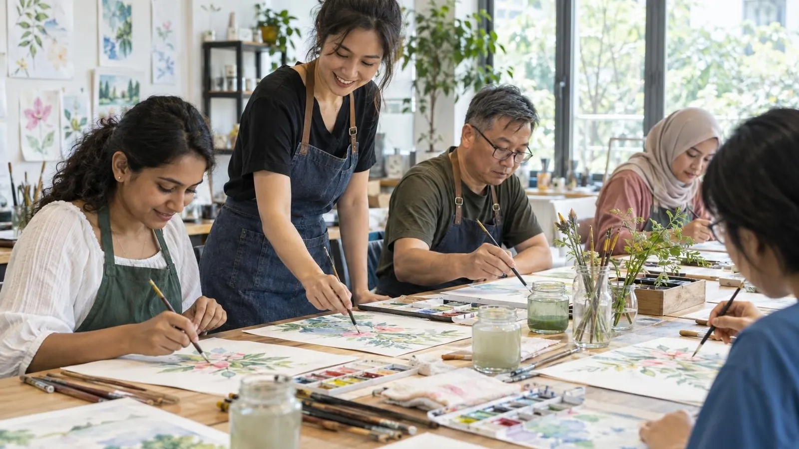 Adult students painting with watercolours at a long bright studio table