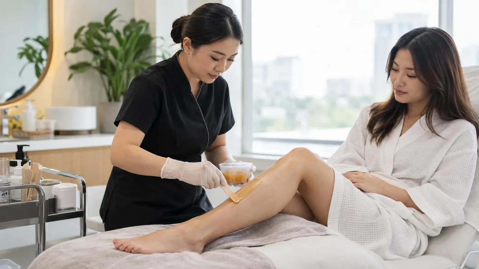 A therapist applying wax to a seated client lower leg in a clean Singapore treatment room
