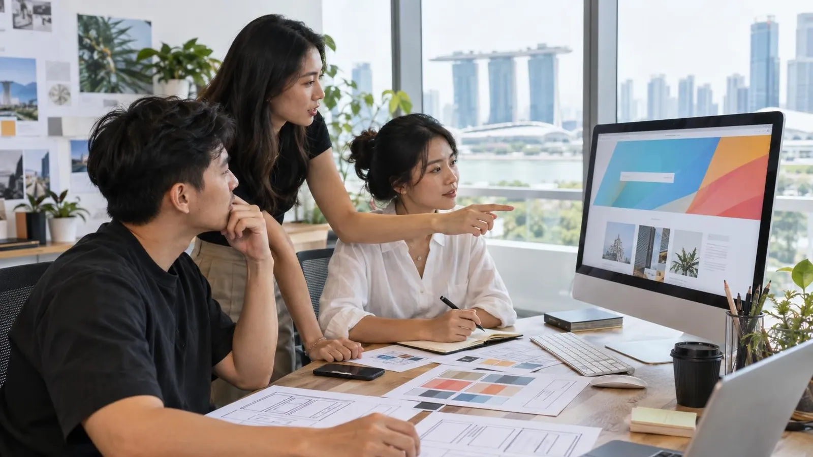 A web design team reviewing a website mockup on screen with wireframes and colour swatches in a Singapore studio