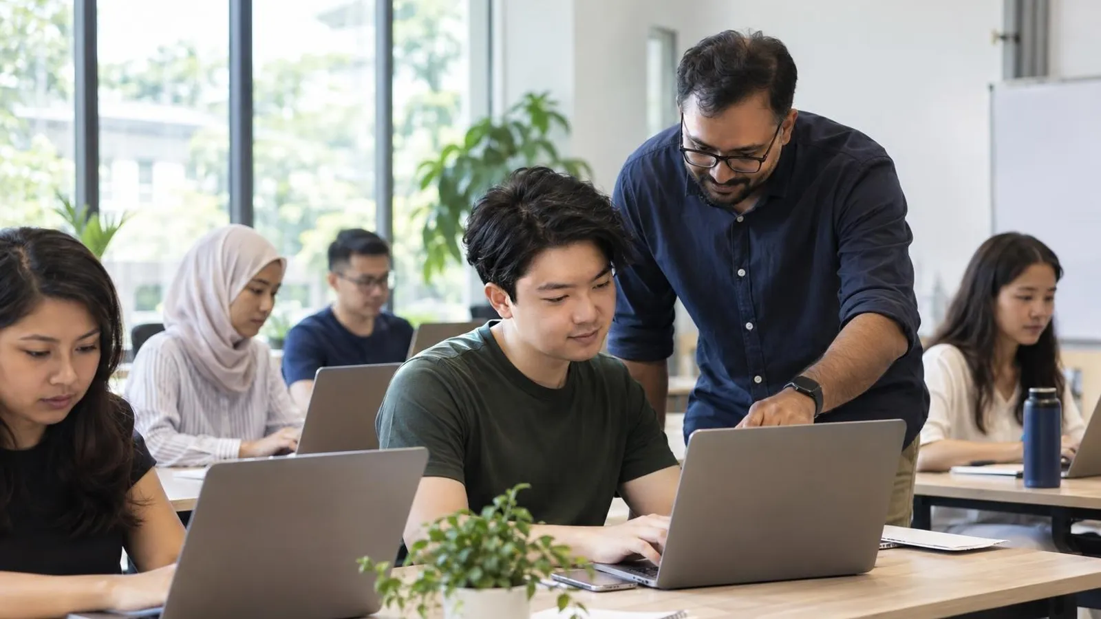 Adult learners coding on laptops in a bright classroom while an instructor helps one student
