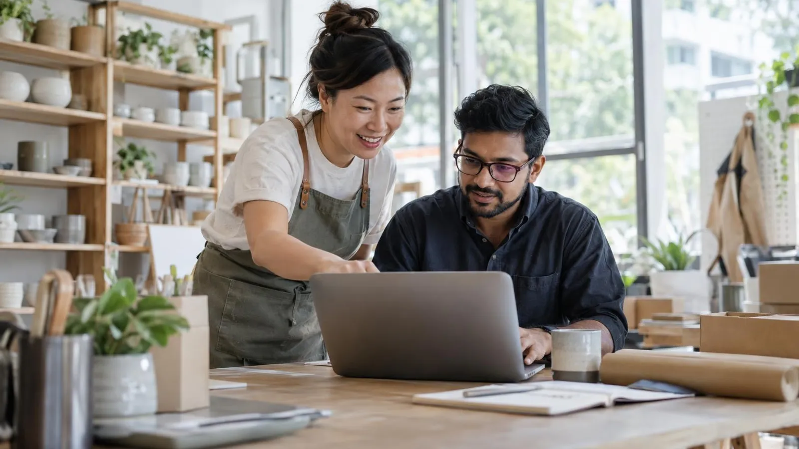 A small-business owner and a developer reviewing a website on a laptop together at a bright modern desk