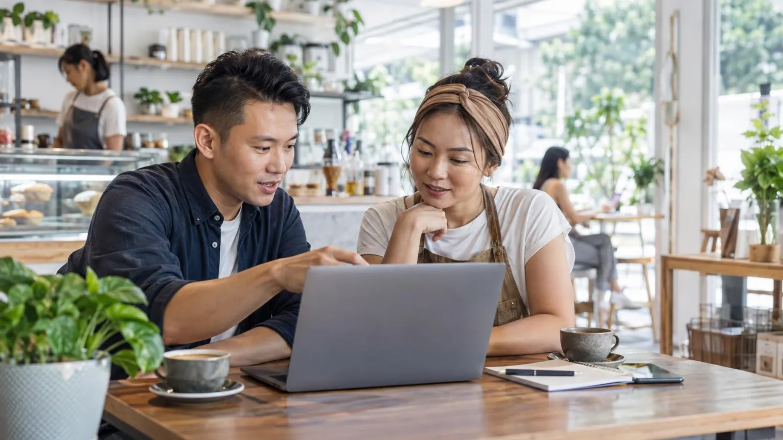 A web specialist updating a website on a laptop beside a small-business owner at a bright cafe table