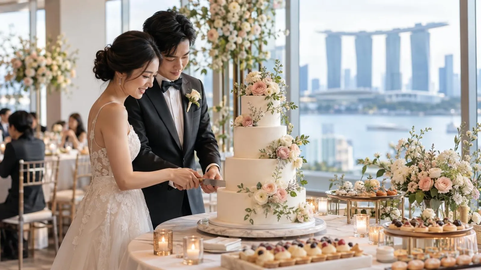 A multi-tier white wedding cake decorated with fresh flowers on a dessert table at a Singapore wedding