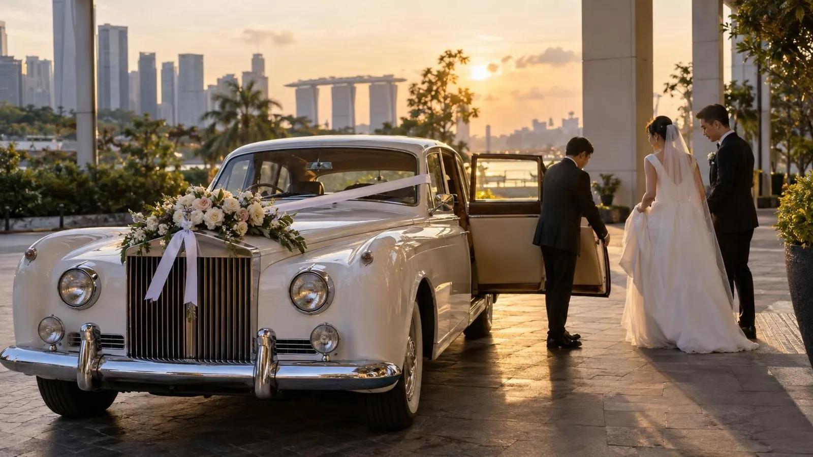 A classic white bridal wedding car decorated with ribbon and flowers outside a Singapore venue at golden hour