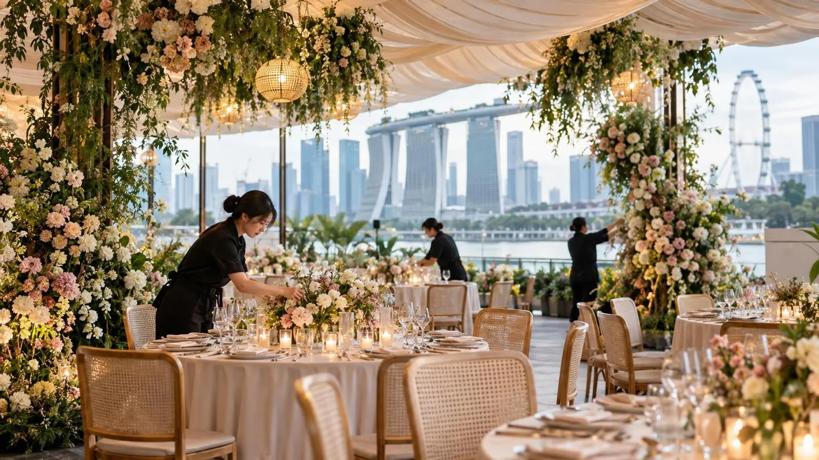Wedding decorators styling floral installations and banquet tables at a Singapore reception