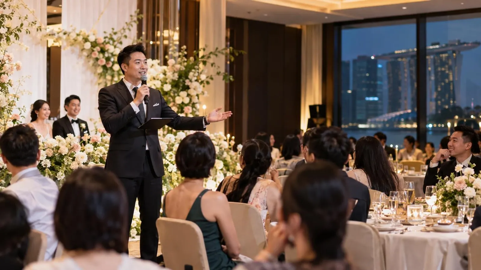 A wedding emcee hosting with a microphone at an elegant Singapore wedding banquet