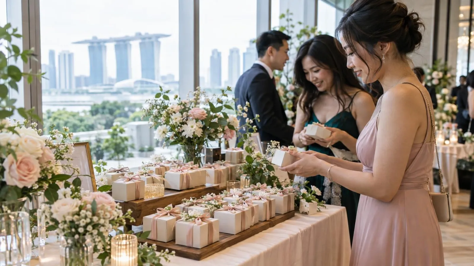 A styled table of ribboned wedding favour boxes with florals at a Singapore wedding reception