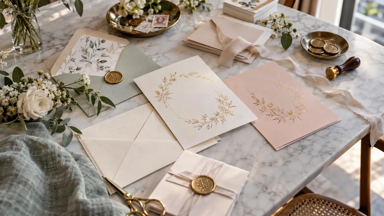 An elegant flat-lay of gold-foil wedding invitation cards, envelopes and wax seals in Singapore