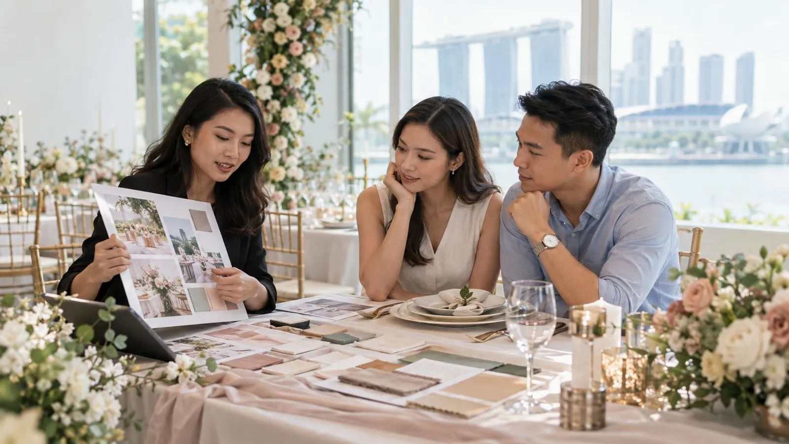 A wedding planner showing a mood board and fabric swatches to a couple at a styled table
