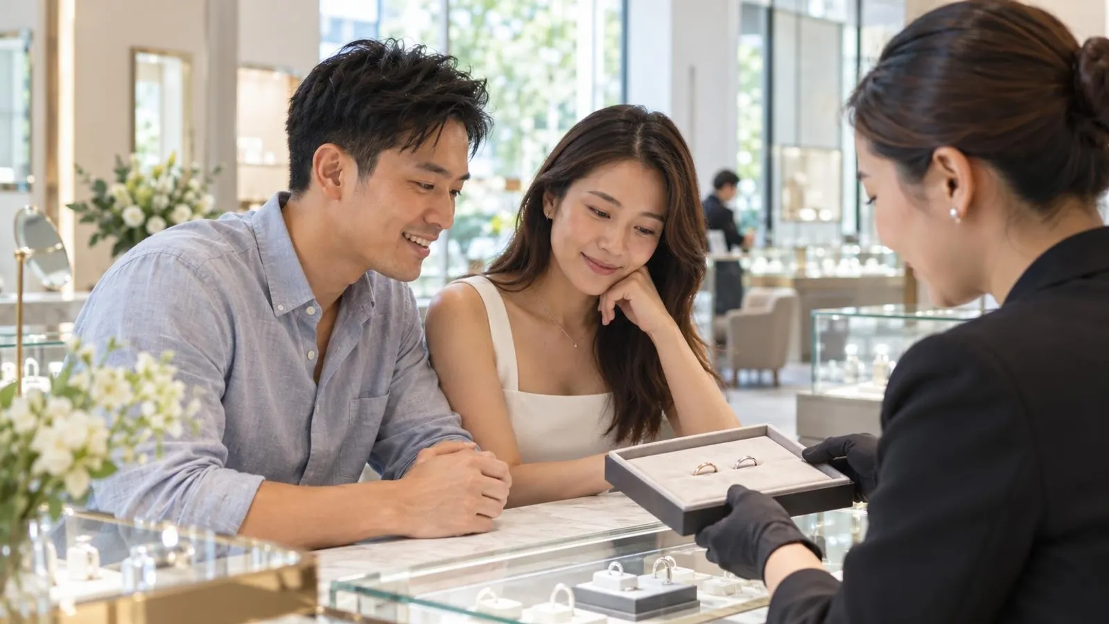 Wedding Ring Shops: a customer and a provider in a bright, modern setting