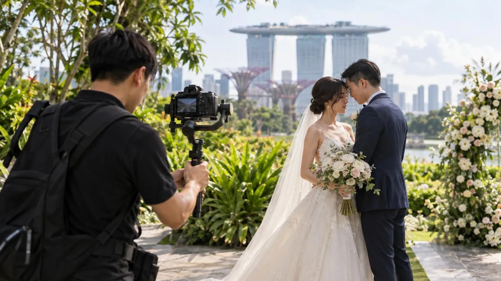 A wedding videographer filming a bride and groom with a gimbal camera in a Singapore garden