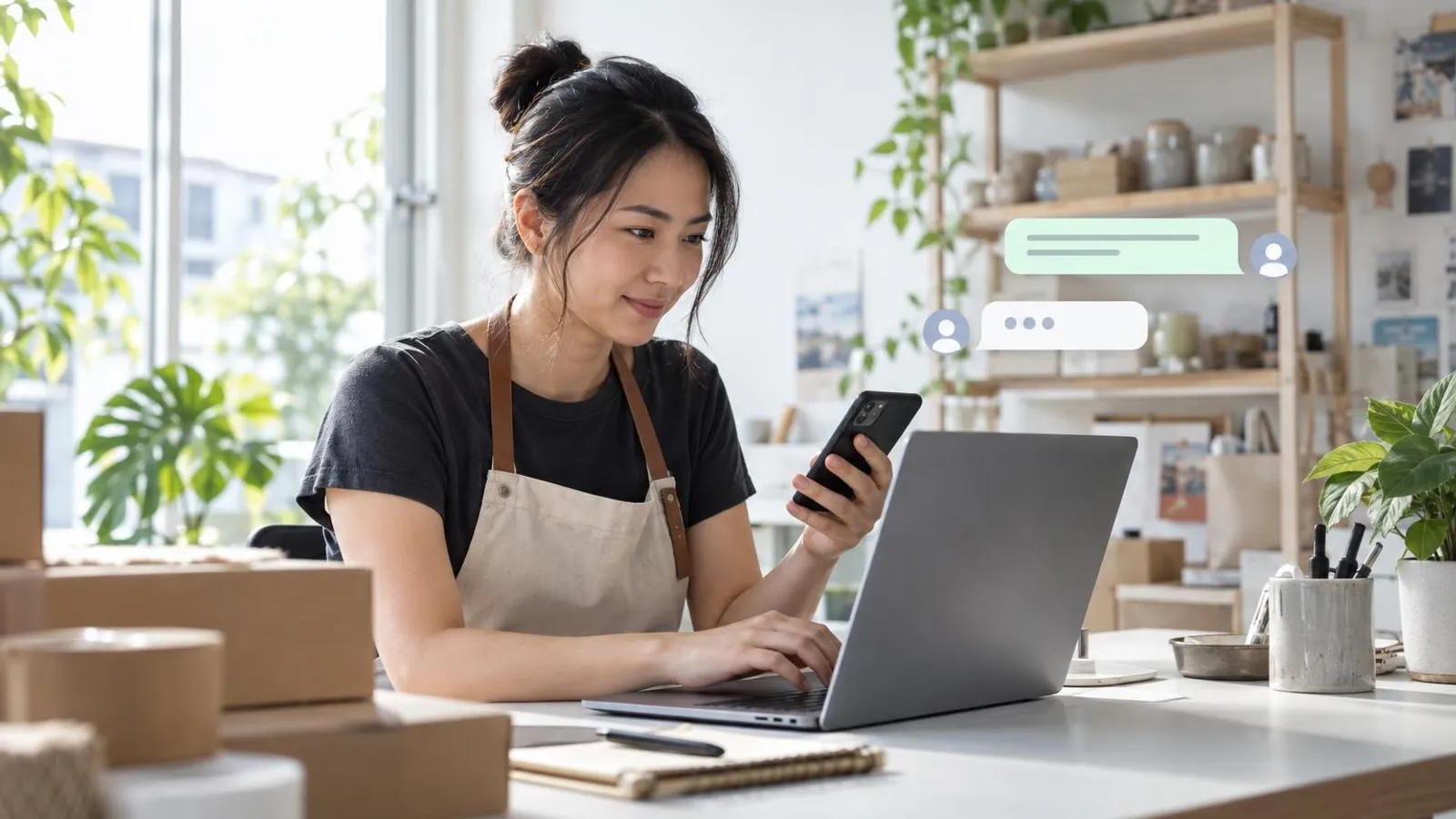 A customer-support agent replying to chat messages on a laptop and phone at a bright modern desk