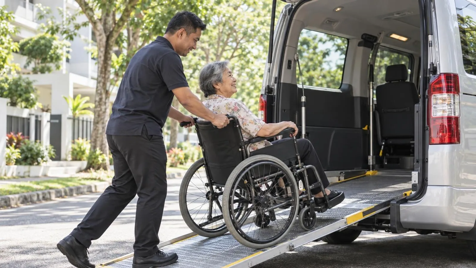 Wheelchair Transport Services: a customer and a provider in a bright, modern setting