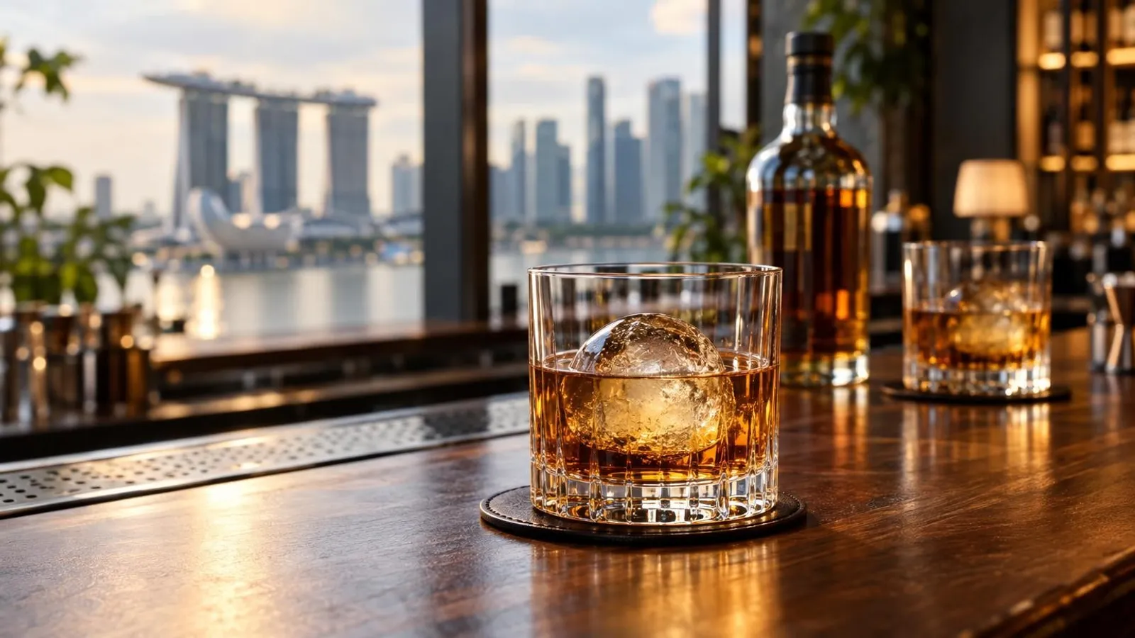 A glass of amber whisky with a large clear ice sphere on a polished wooden bar counter, a bottle and second glass softly behind