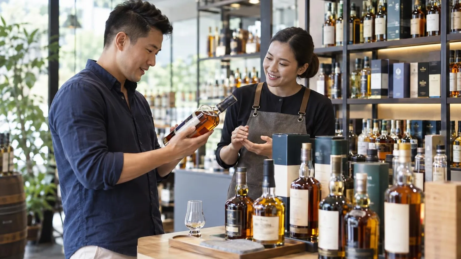 Whisky Shops: a customer and a provider in a bright, modern setting