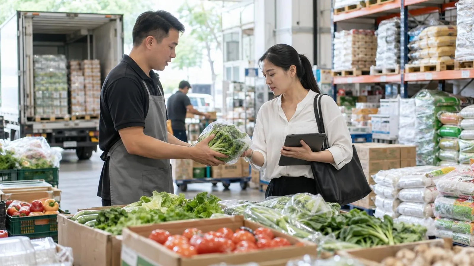 Wholesale Food Suppliers: a customer and a provider in a bright, modern setting