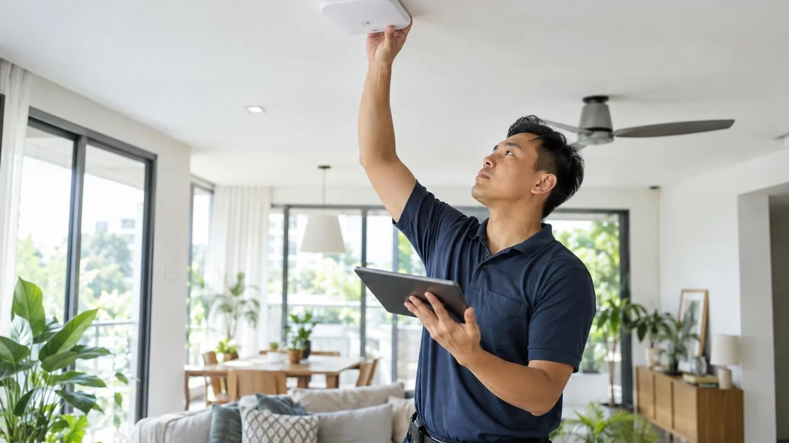 A technician mounting a white WiFi access point on the ceiling of a bright modern home while holding a tablet