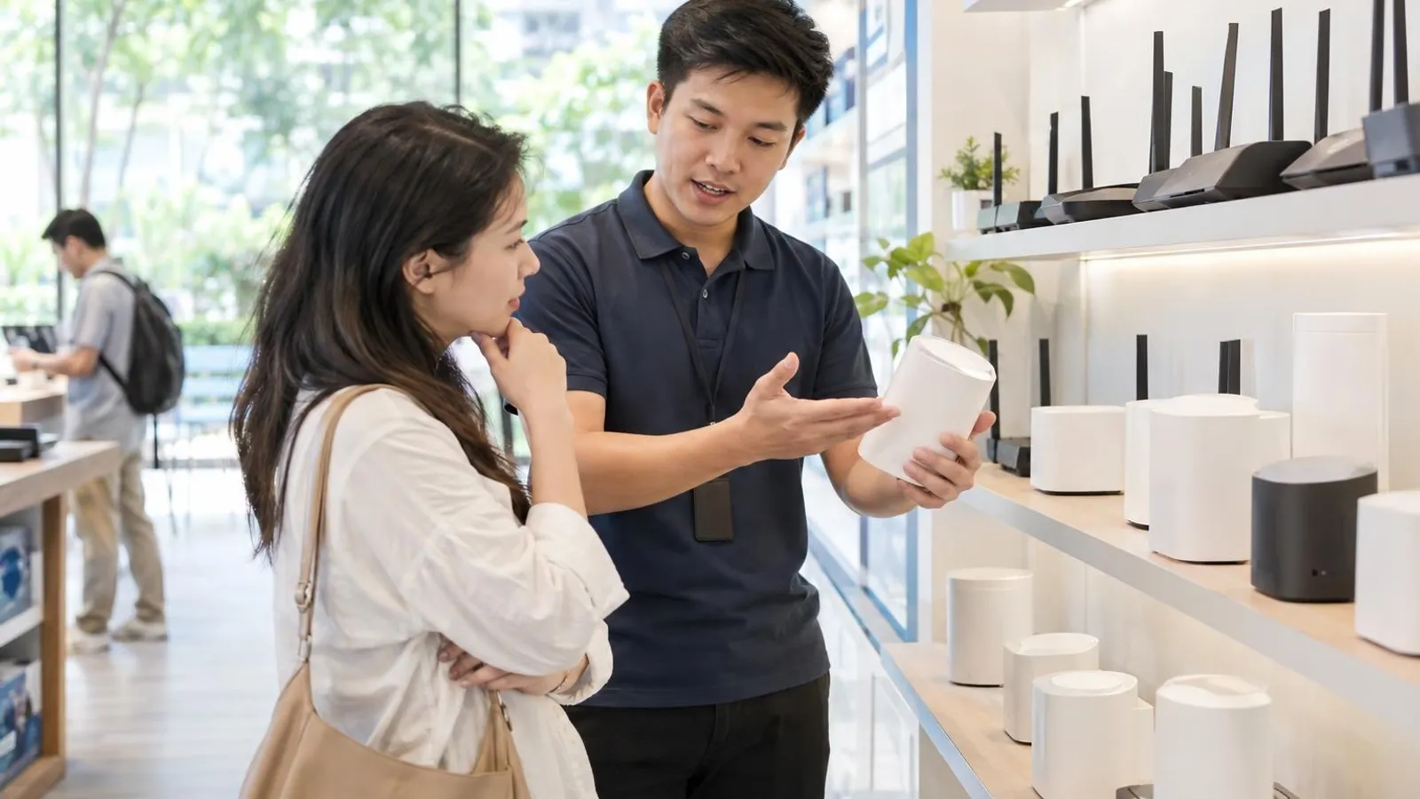 A customer looking at wifi routers and mesh units on a bright shop shelf while an assistant explains