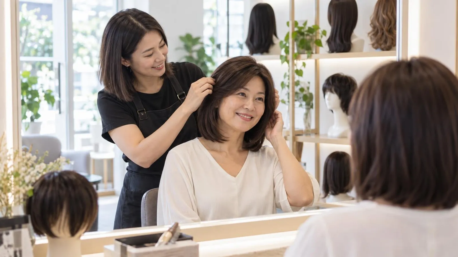 Wig and Hair Extension Shops: a customer and a provider in a bright, modern setting