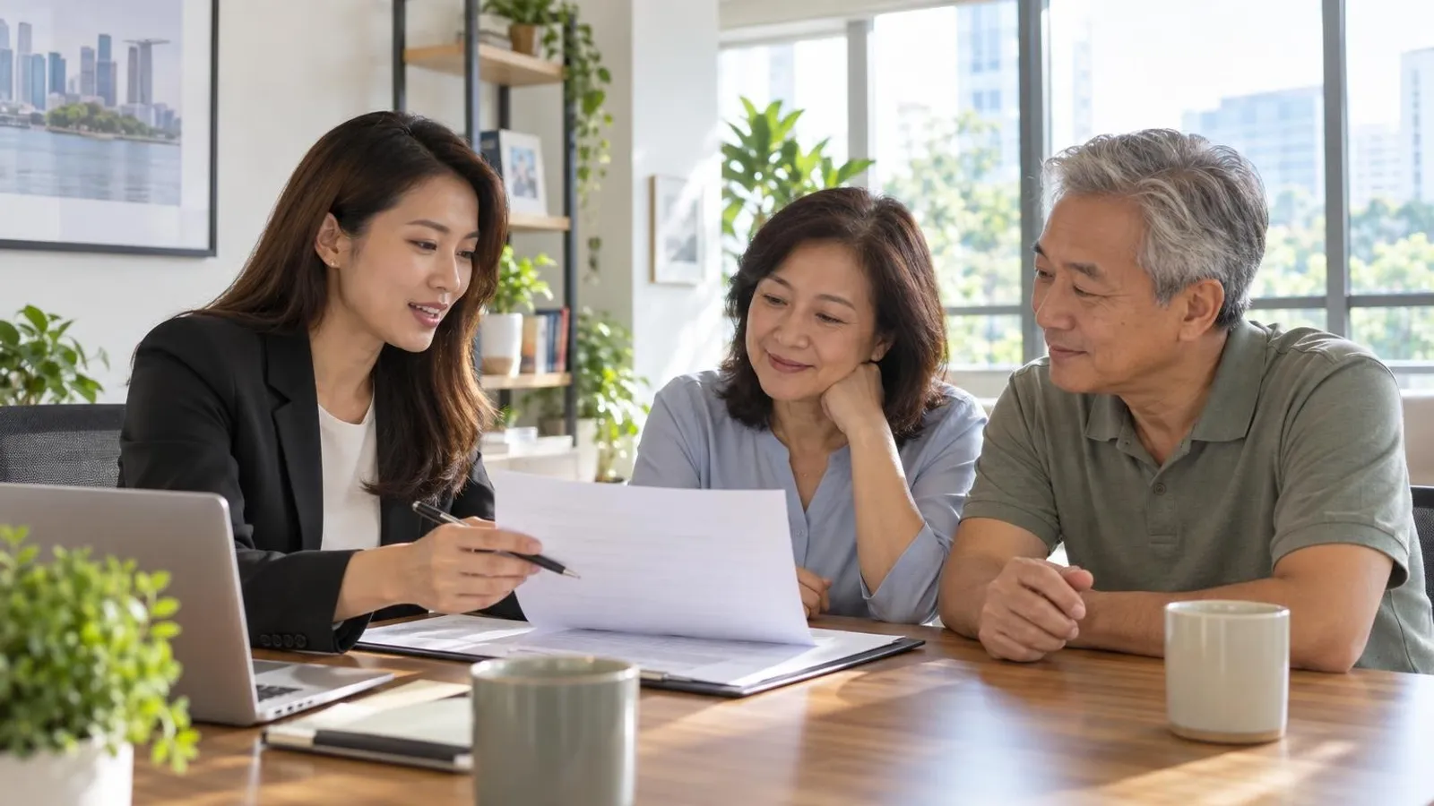 A consultant explaining a will document to an older couple in a bright modern Singapore office
