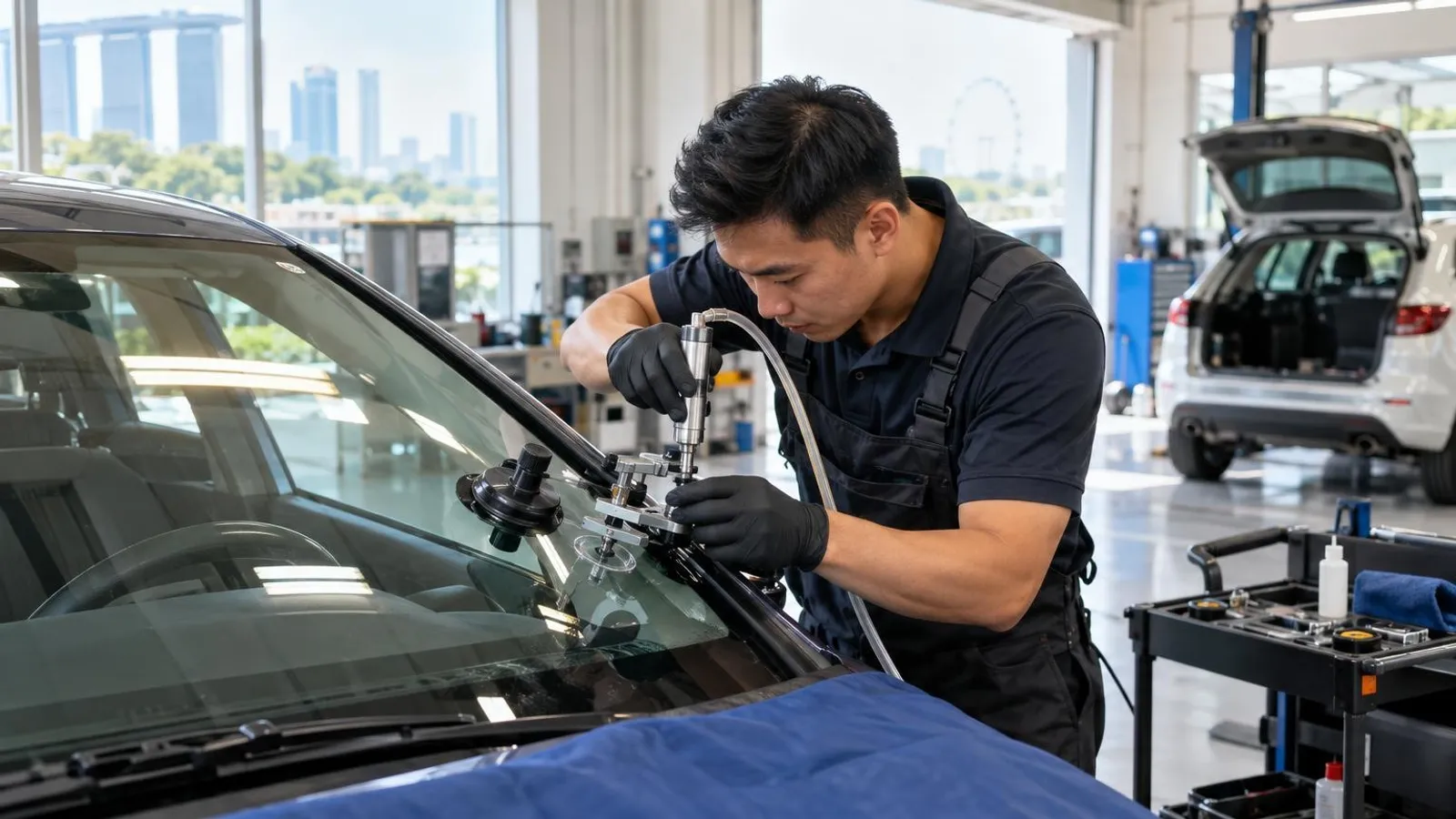 An auto-glass technician repairing a car windscreen with a resin tool in a bright Singapore workshop