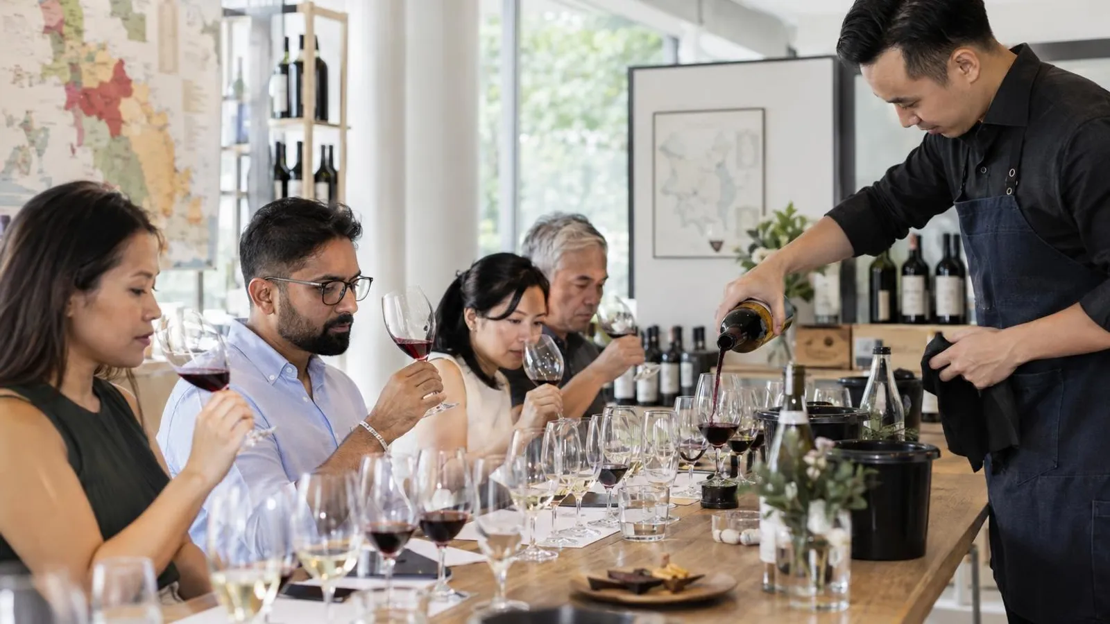 A small group tasting wine at a long table while an instructor pours