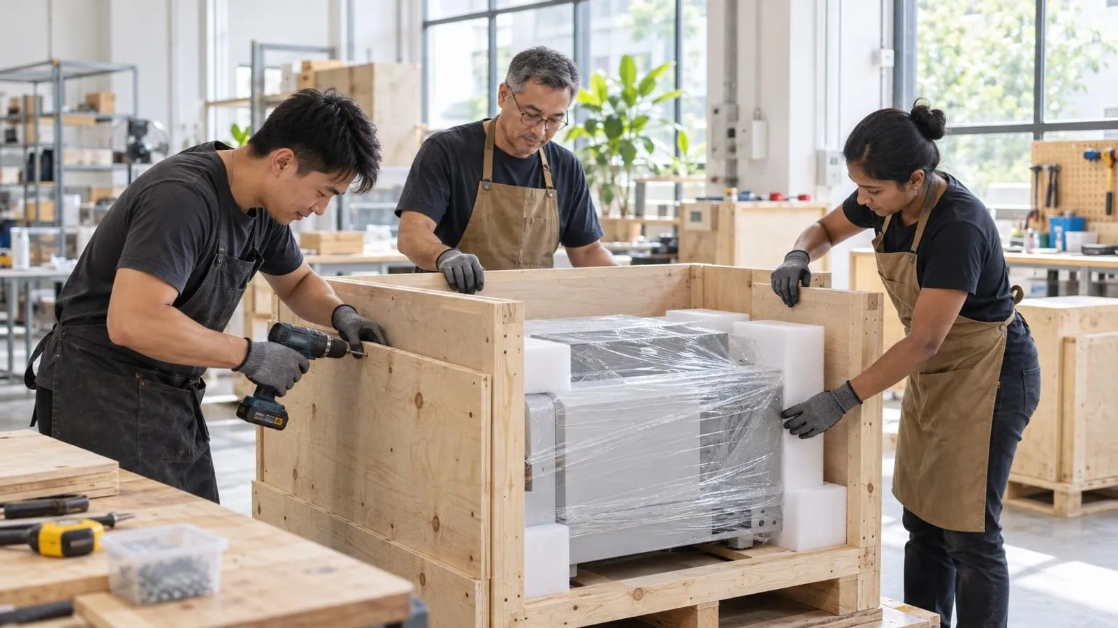 Wooden Crate and Export Packing Services: a customer and a provider in a bright, modern setting