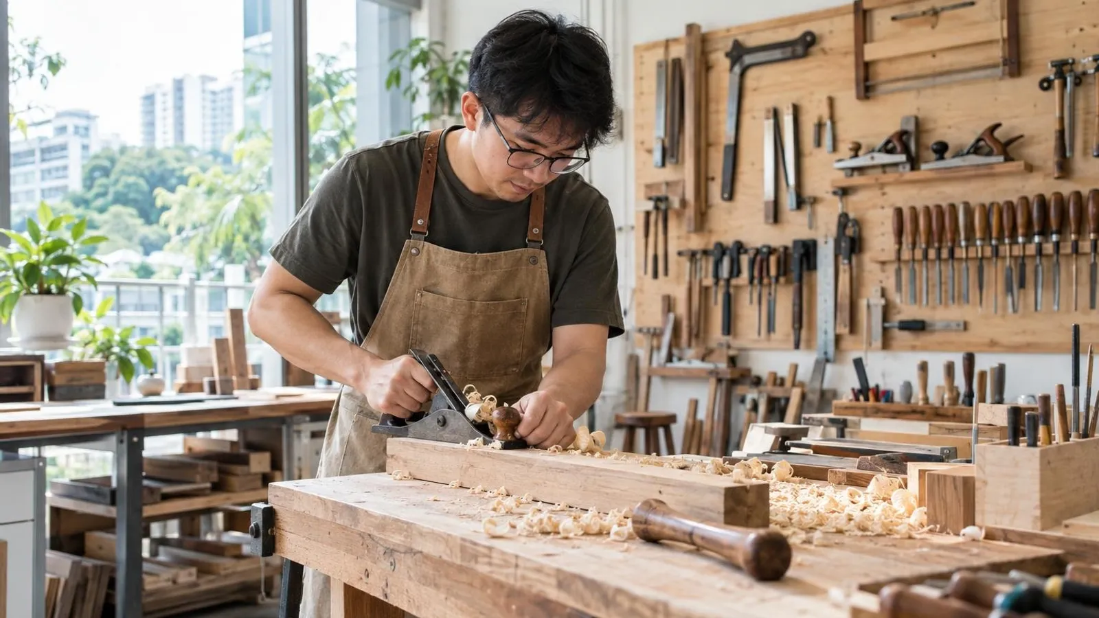 An adult student planing a piece of wood at a workbench in a bright Singapore woodworking studio
