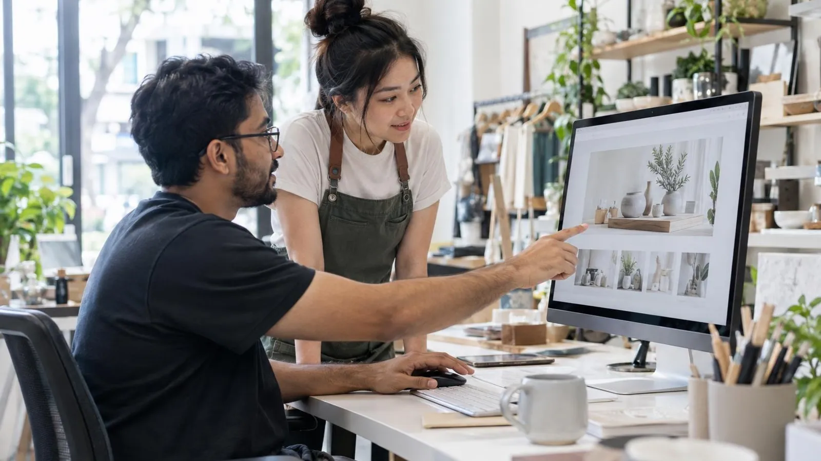 A web developer showing a website layout on a large monitor to a small-business owner at a bright desk