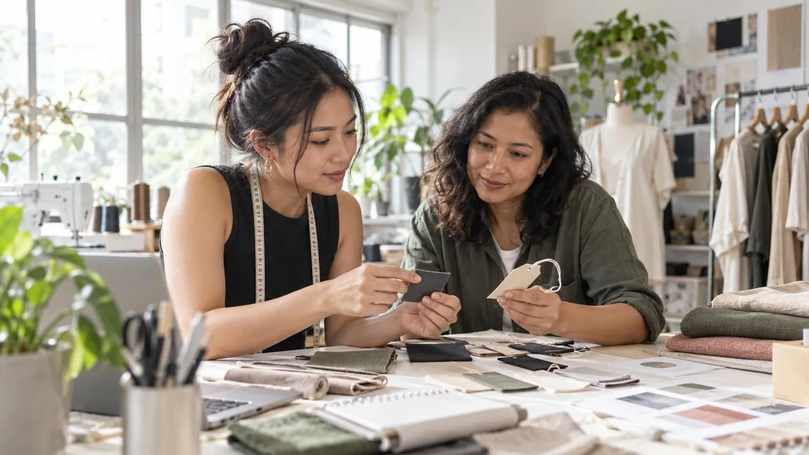 Woven Label and Clothing Tag Makers: a customer and a provider in a bright, modern setting