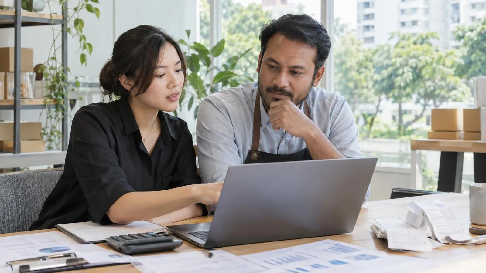 A bookkeeper and a small-business owner reviewing financial reports on a laptop at a bright office table