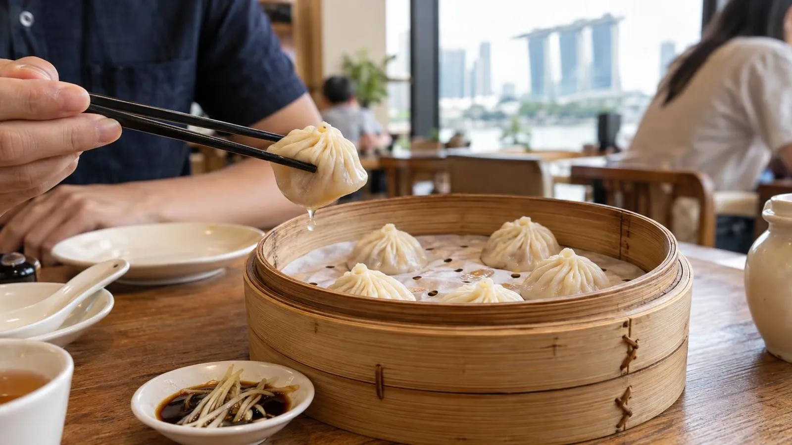 A bamboo steamer of xiao long bao soup dumplings with ginger and black vinegar in Singapore