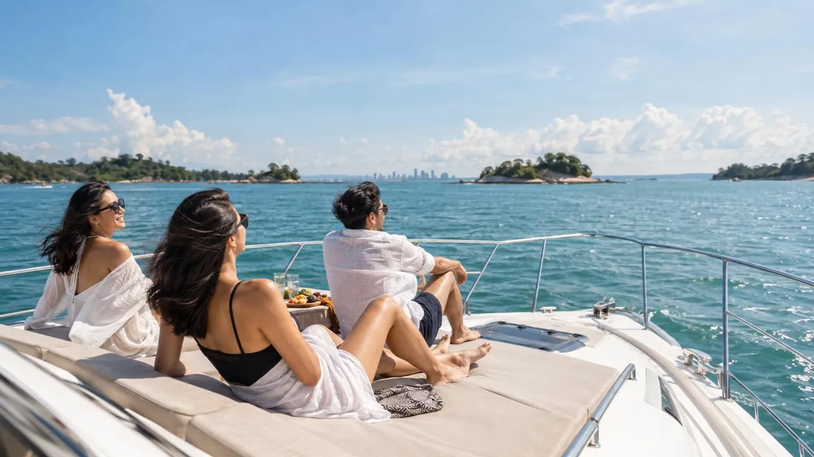 A private yacht cruising the turquoise waters off the southern islands of Singapore on a sunny day