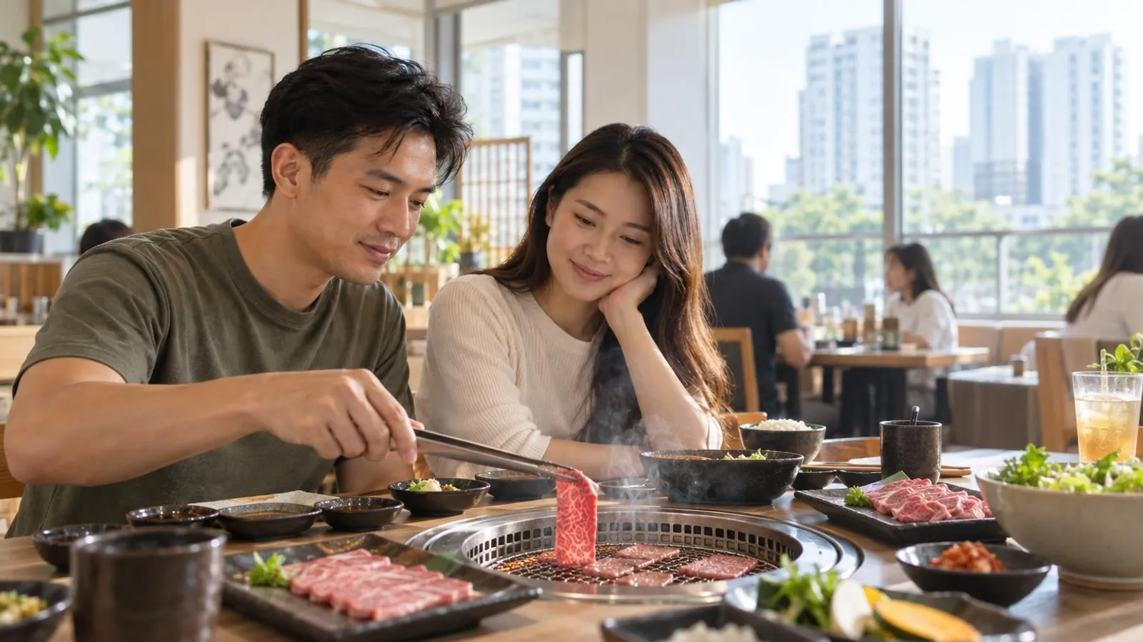 Slices of marbled wagyu beef grilling on a tabletop yakiniku grill at a bright modern Japanese restaurant in Singapore