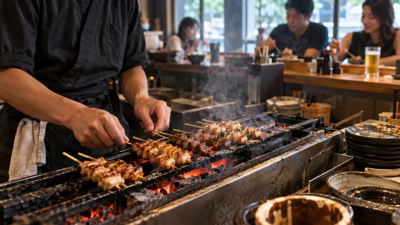 Assorted yakitori chicken skewers grilling over charcoal at a Singapore izakaya