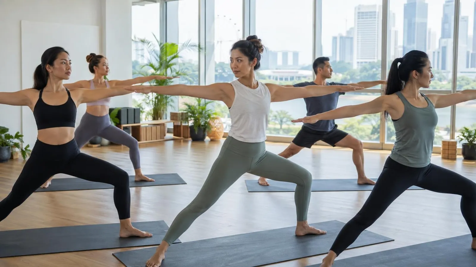 A yoga instructor leading a class through a standing pose on mats in a bright Singapore yoga studio